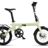 Pale green folding e-bike with a rear rack, black handlebars, and black wheels.