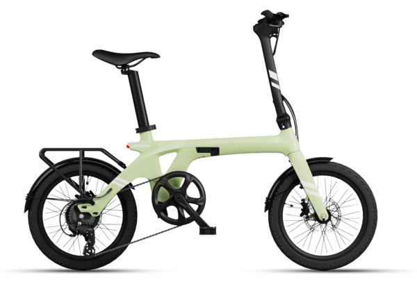 Pale green folding e-bike with a rear rack, black handlebars, and black wheels.