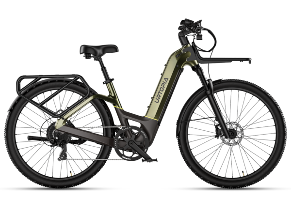 Olive green Urtopia step-through electric bike with a front rack, rear rack, and knobby tires against a white background.