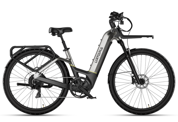 Urtopia electric bike in dark grey with a step-through frame, front and rear cargo racks, and knobby tires.