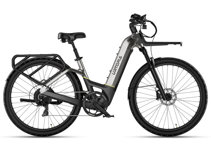 Urtopia electric bike in dark grey with a step-through frame, front and rear cargo racks, and knobby tires.