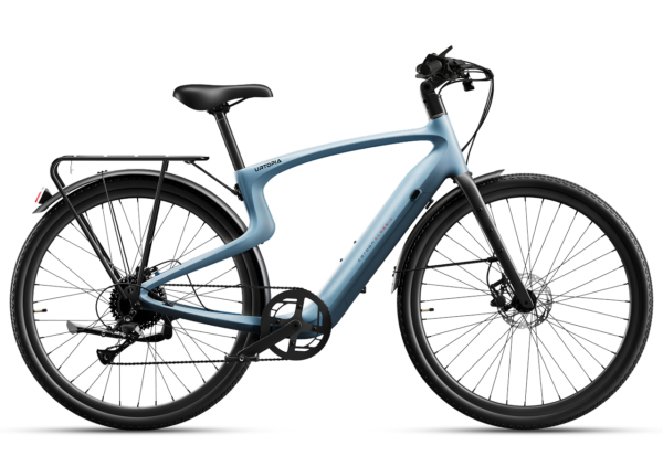Urtopia Carbon Classic electric bike in blue with a rear rack and fenders.