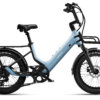 Light blue Urtopia e-bike with a step-through frame, front and rear racks, and knobby tires.