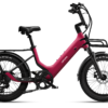 Urtopia step-through electric bike in dark pink with front and rear racks and thick tread tires.