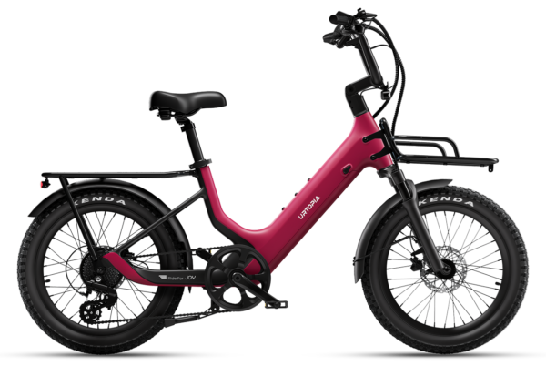 Urtopia step-through electric bike in dark pink with front and rear racks and thick tread tires.