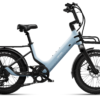 Light blue Urtopia step-through electric cargo bike with front and rear racks and thick tires.