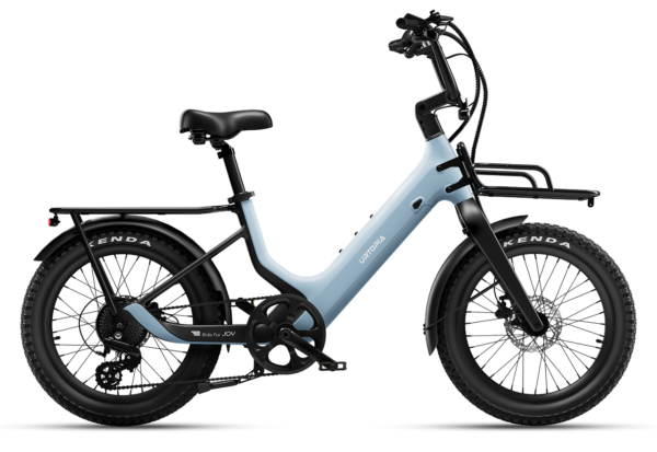 Light blue Urtopia step-through electric cargo bike with front and rear racks and thick tires.