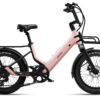Light pink Urtopia step-through electric cargo bike with front and rear racks and black fat tires.
