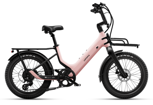 Light pink Urtopia step-through electric cargo bike with front and rear racks and black fat tires.
