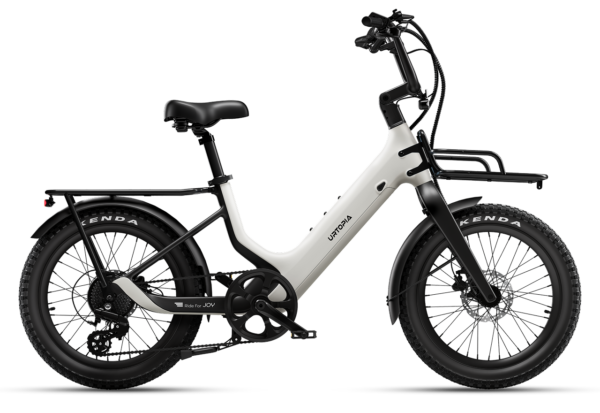 Urtopia electric cargo bike in white with fat tires, front and rear racks, and a step-through frame.