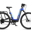 Blue and black Urtopia step-through electric bike with a rear rack.