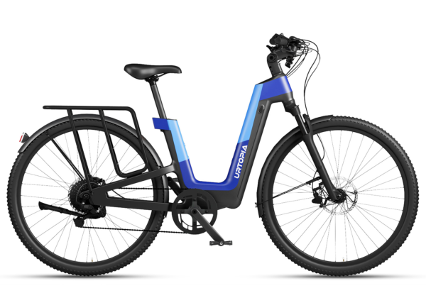 Blue and black Urtopia step-through electric bike with a rear rack.