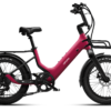 Magenta Urtopia step-through electric bike with front and rear cargo racks and thick tires.
