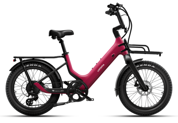 Magenta Urtopia step-through electric bike with front and rear cargo racks and thick tires.