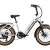White Mokwheel electric step-through bicycle with thick tires and a rear rack.