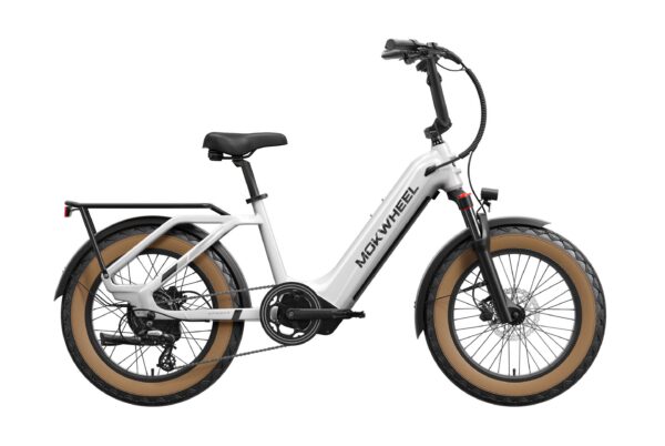 White Mokwheel electric step-through bicycle with thick tires and a rear rack.