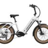 White WOKWHEEL step-through electric bike with fat tires, a rear rack, and front suspension.