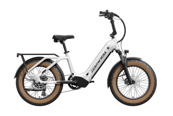 White WOKWHEEL step-through electric bike with fat tires, a rear rack, and front suspension.