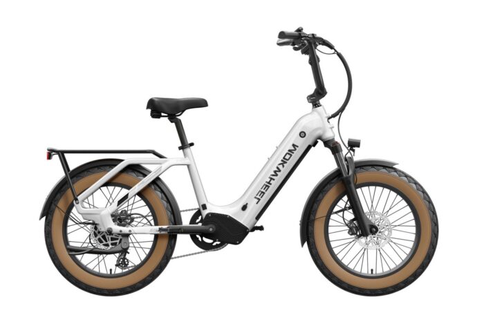 White WOKWHEEL step-through electric bike with fat tires, a rear rack, and front suspension.