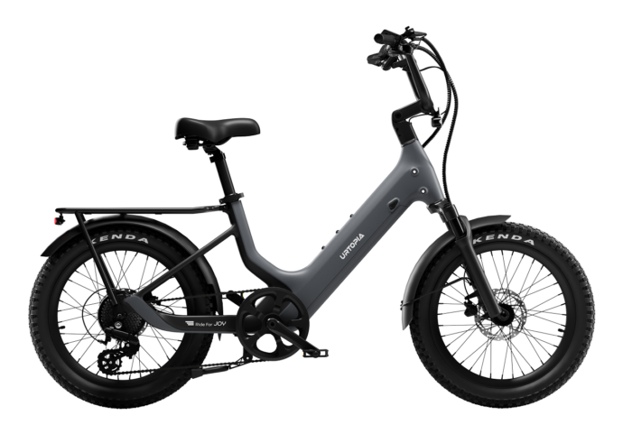 Gray Urtopia step-through electric bike with a rear rack and knobby tires.