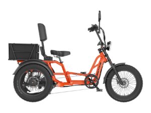 Orange electric tricycle with a rear cargo basket and passenger backrest.